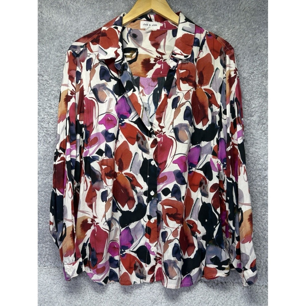 Cloth & Stone Women 1X Floral Popover Top Deep V Neck Long Sleeve Boho Button